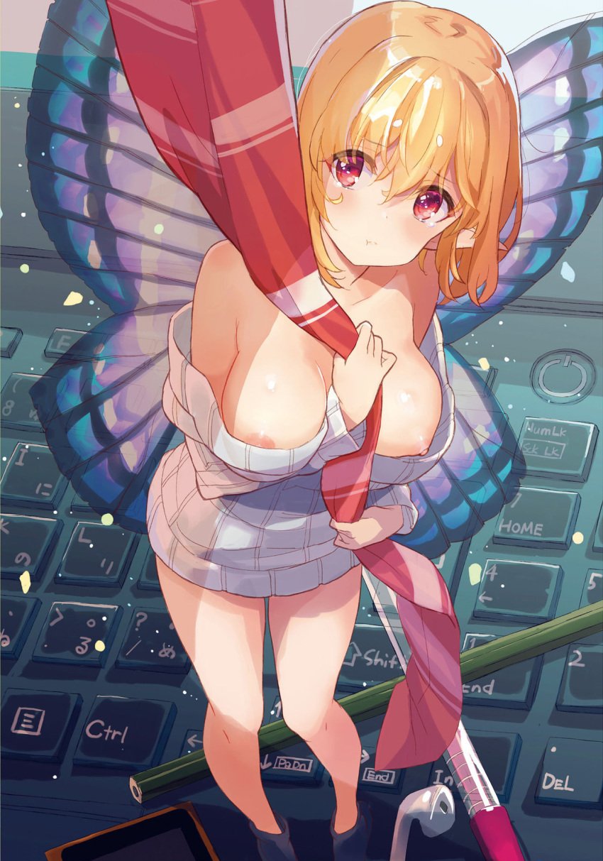 :t areola_slip areolae bare_legs bare_shoulders blush breasts butterfly_wings dengeki_moeou dress female hair_between_eyes highres keyboard large_breasts necktie nipple_slip nipples orange_hair pencil pixie red_eyes ribbed_sweater short_hair solo sweater sweater_dress tetsujin_momoko wings