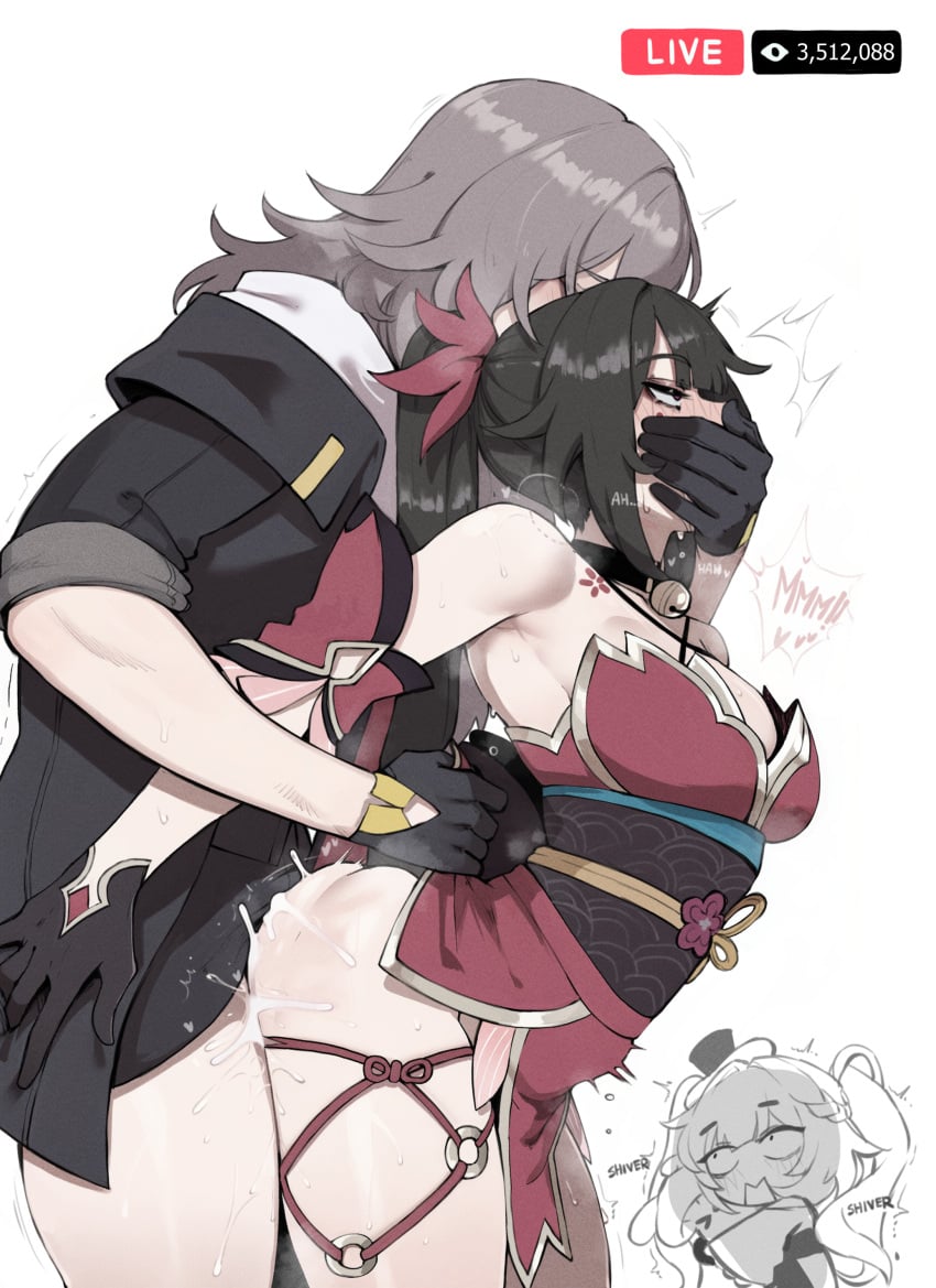 1futa 2d 2d_(artwork) 3girls absurdres backshots bare_shoulders bell black_hair blush blushing breasts chibi choker cleavage collarbone cum cum_in_ass cum_inside dominant dominant_female female female_focus fucking futa_with_female futanari grey_hair hand_on_mouth highres hips hips_wider_than_shoulders holding_her_in_place honkai:_star_rail jacket lesbian lesbian_sex long_hair long_jacket masoq095 medium_breasts she_is_next shirt shocked shocked_expression sideboob silver_hair simple_background sparkle_(honkai:_star_rail) sparxie_(honkai:_star_rail) stelle_(honkai:_star_rail) submissive_female tagme tattoo tattoo_on_chest text thick_thighs thigh_strap thighs twintails watching_them_fuck white_hair yuri
