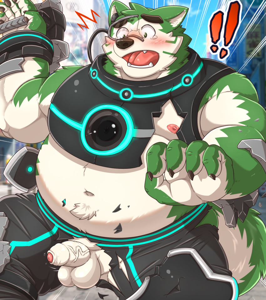 ! 2020 anthro balls belly blush bottomwear canid canine canis clothing domestic_dog fur gapao genitals green_body green_fur hi_res humanoid_hands kemono live-a-hero male male_only mammal mokdai_(live_a_hero) moobs nipples overweight overweight_anthro overweight_male pants penis solo video_games