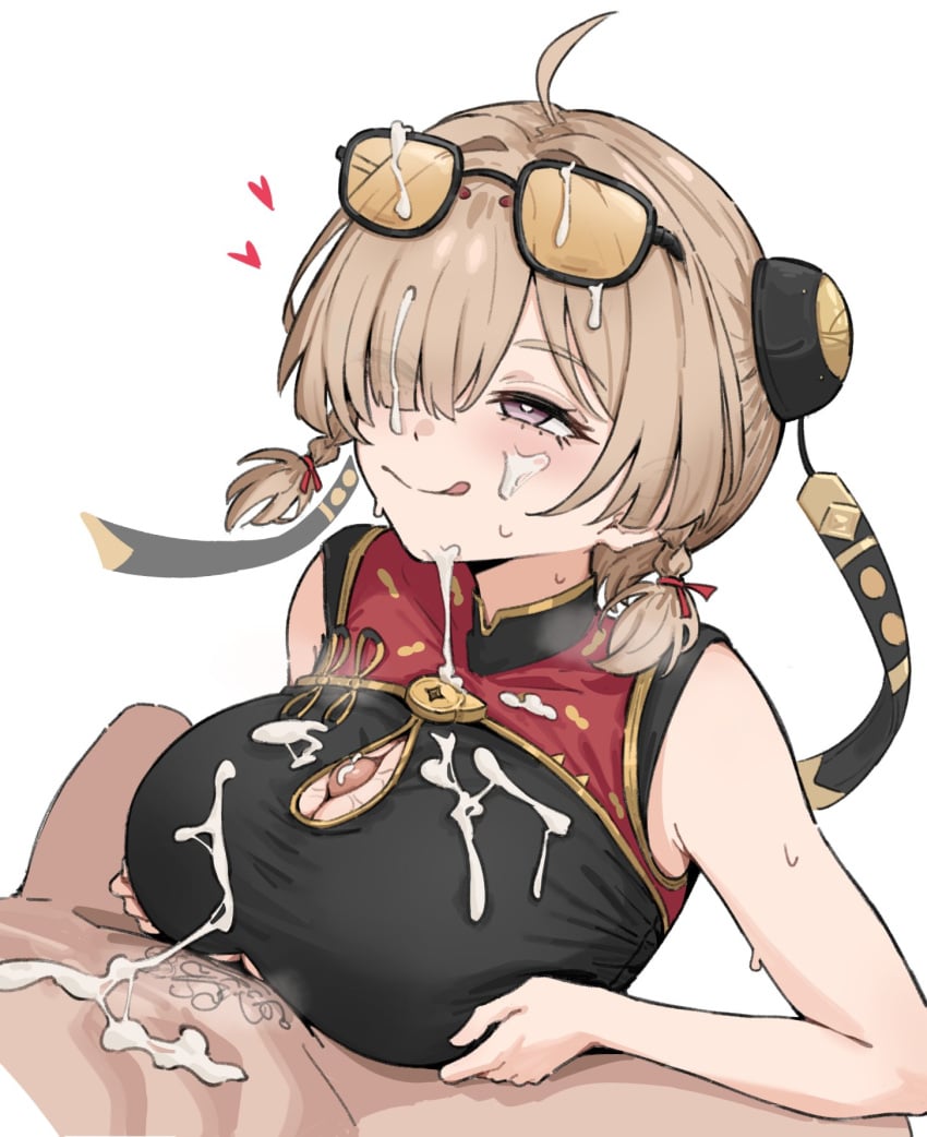 1boy 1girl :q after_ejaculation ahoge breasts brown_hair buska003 chinese_clothes cleavage clothing_cutout commentary_request cum cum_on_body cum_on_clothes eyewear_on_head facial hair_ornament hair_over_one_eye heart highres large_breasts paizuri paizuri_under_clothes purple_eyes sleeveless smile solo_focus sweety_(zenless_zone_zero) tinted_eyewear tongue tongue_out underboob_cutout yellow-tinted_eyewear zenless_zone_zero