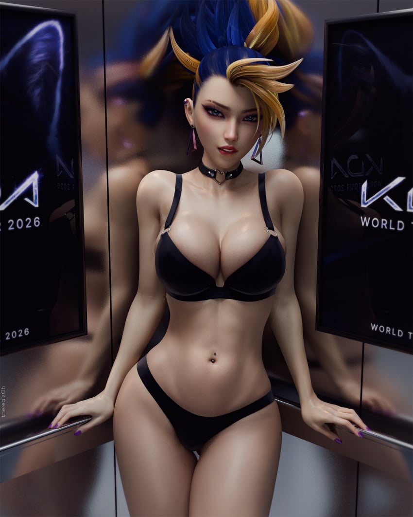 1female 1girls 3d 3d_(artwork) akali akali_(league_of_legends) akali_jhomen_tethi blender blonde_hair blue_eyes blue_hair choker clothed clothing dyed_hair elevator female female_focus female_only front_view k/da_akali k/da_all_out_akali k/da_all_out_series k/da_series kpop kpop_girl large_breasts league_of_legends light-skinned_female light_skin lingerie long_hair makeup riot_games therealzoh underwear underwear_only zoh