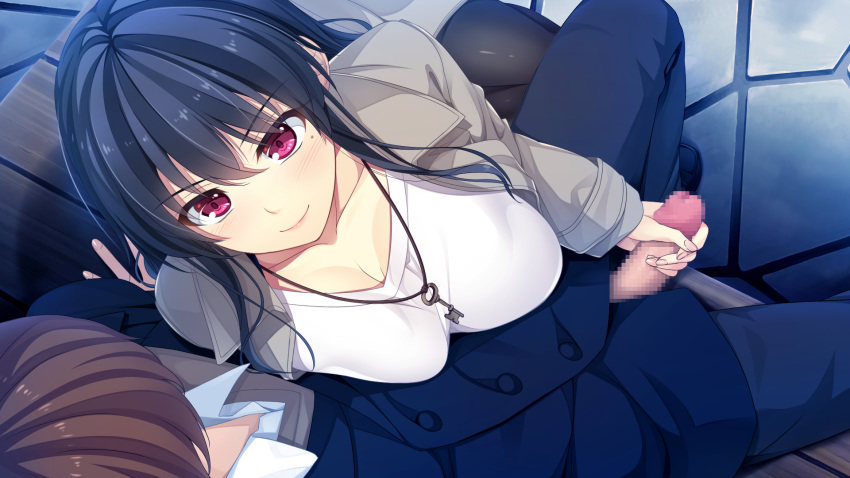 ayase_hazuki bench black_hair blush breast_press breasts censored chobipero female game_cg handjob highres key large_breasts legs long_hair looking_at_another mole mole_under_eye mosaic_censoring outdoors pantyhose penis pink_eyes sitting smile solo_focus thighs unzipped zannen_na_ane_to_no_love_comedy