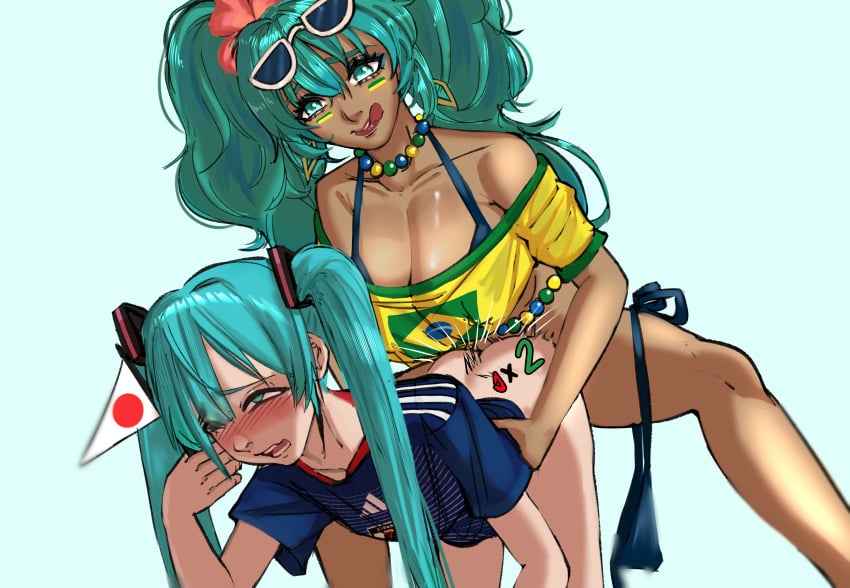 1futa 1girls artist_request ass big_breasts blue_hair blush bottomless brazilian_miku breasts female femsub futa_on_female futadom futanari hatsune_miku licking_lips light-skinned_female light_skin long_hair sex vocaloid white_background world_cup