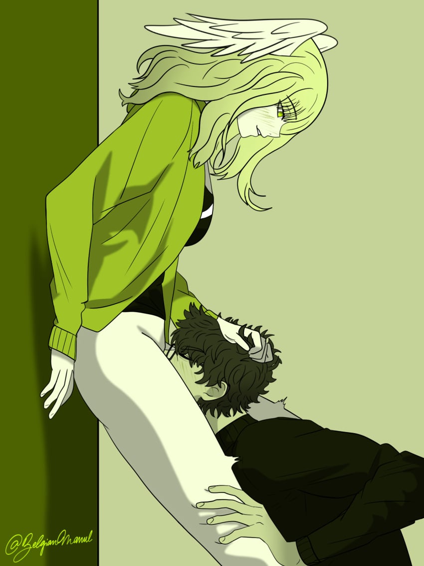 between_legs bottomless bottomless_female cunnilingus dark-skinned_male dark_skin dominant dominant_female domination eunie_(xenoblade) femdom fingers_in_hair fluffy_hair glasses head_between_legs head_between_thighs head_wings high_entia light-skinned_female light_skin long_hair monochrome oral oral_sex pulling_hair taion_(xenoblade) vaginal vaginal_penetration wings wings_on_head xenoblade_(series) xenoblade_chronicles_3
