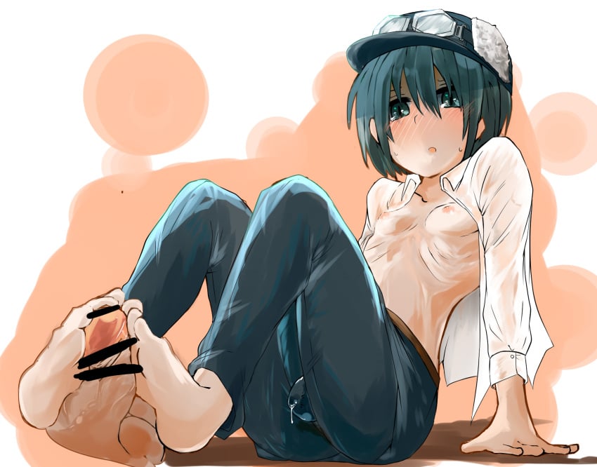 barefoot blush censored dress_shirt feet footjob futanari goggles green_eyes green_hair hat highres intersex kino kino_no_tabi nipples open_clothes open_mouth open_shirt pants precum ribs short_hair sitting small_breasts sweat takasaki_aneki tomboy