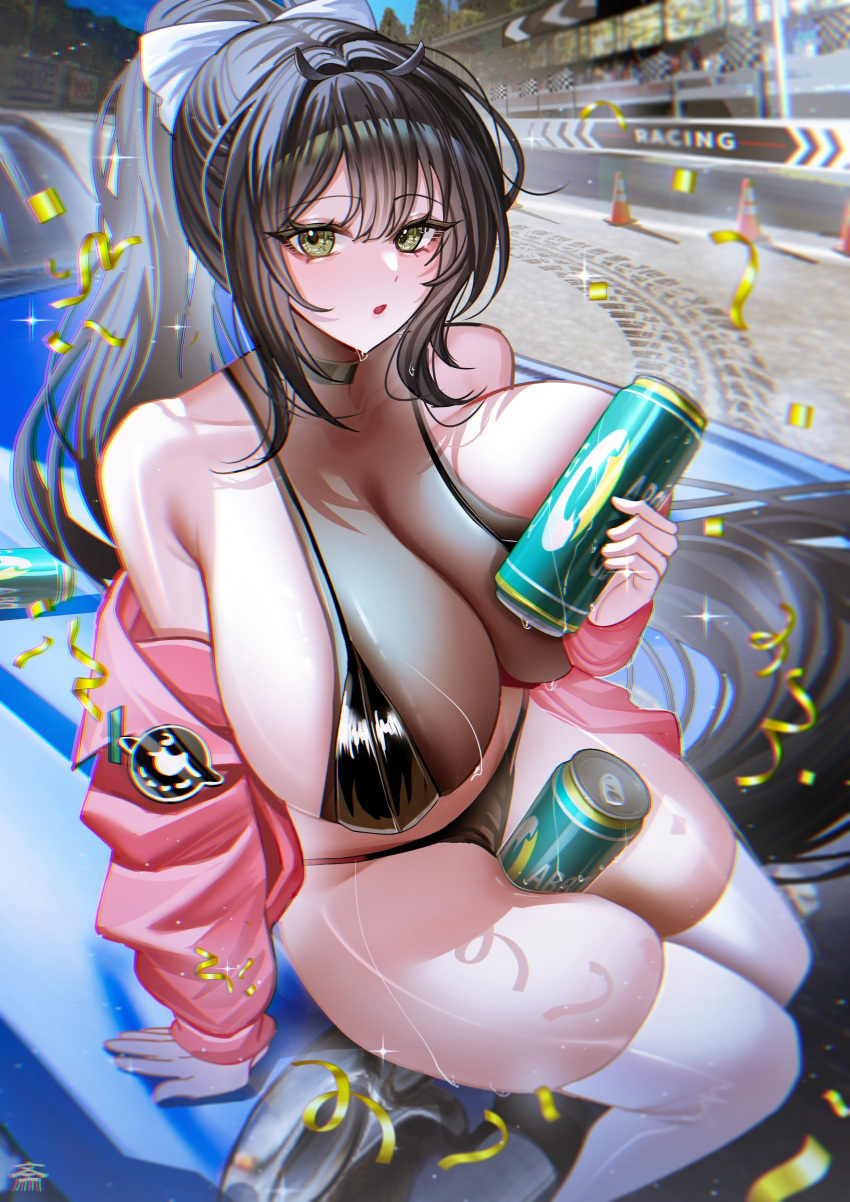 1girl absurdres azur_lane bare_shoulders bikini black_bikini black_hair blush breasts can car commentary_request green_eyes highres holding holding_can huge_breasts indomitable_(azur_lane) long_hair long_sleeves looking_at_viewer motor_vehicle off_shoulder official_alternate_costume parted_lips ponytail sideboob solo swimsuit tansuan_(ensj3875) thighhighs thighs white_thighhighs