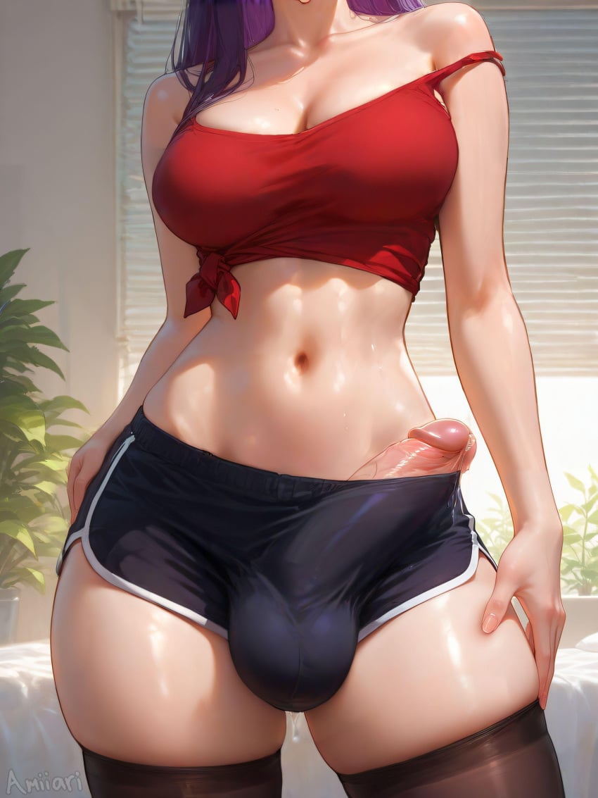 1futa abs absurdres ai_generated amiiari arms_at_sides bare_arms bare_shoulders bed bedroom big_penis black_shorts breasts brown_eyes bulge bulge_through_clothing bulge_to_side bulge_under_clothes camisole cleavage collarbone contrapposto cowboy_shot crop_top curvy dolphin_shorts erection erection_under_clothes erection_under_clothing facing_viewer front-tie_top futanari hand_on_own_thigh head_out_of_frame huge_penis imminent_fellatio imminent_oral indoors katsuragi_misato large_breasts large_penis long_hair long_penis looking_at_viewer lower_body medium_breasts midriff misato_katsuragi narrow_waist navel neon_genesis_evangelion no_bra off_shoulder parted_bangs penis penis_outline penis_peek penis_under_clothes pent_up precum purple_hair red_shirt shiny_skin shirt short_shorts shorts skindentation sleeveless solo spaghetti_strap standing stomach strap_slip stretched_clothing tank_top testicles thick_thighs thighhighs thighs throbbing_penis tied_shirt toned veins veiny_penis wide_hips