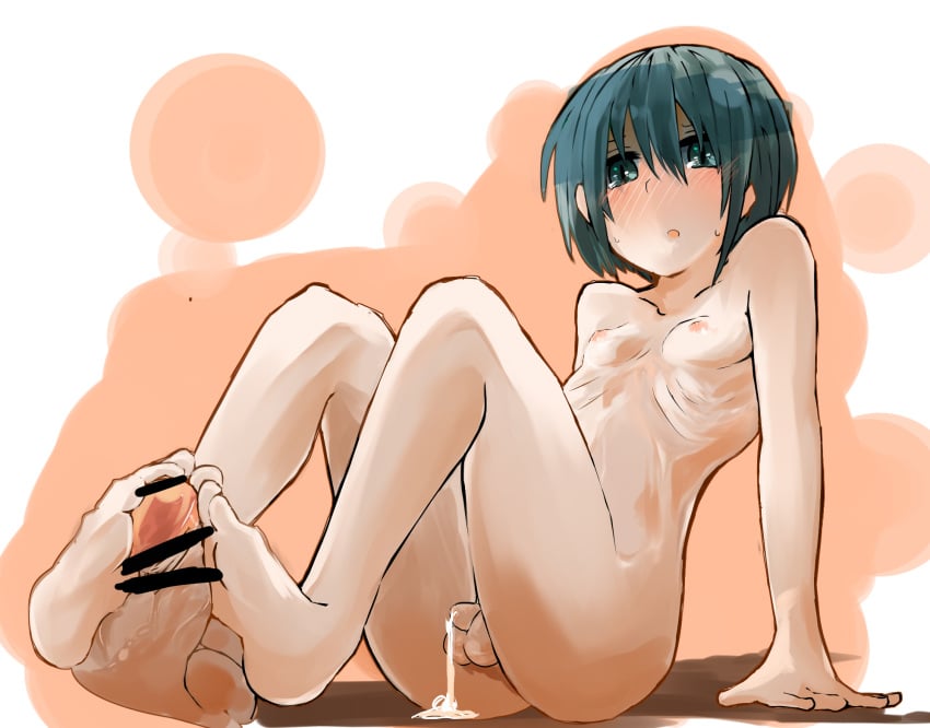 blush censored cum feet footjob futanari green_eyes green_hair highres intersex kino kino_no_tabi nipples nude open_mouth precum ribs short_hair sitting small_breasts sweat takasaki_aneki tomboy