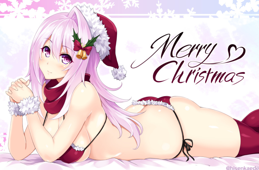 1girls ass bell bikini blush breasts christmas female female_only hair_ornament hat kikyou long_hair original purple_eyes purple_hair santa_hat scarf solo swimsuit thighhighs wristwear