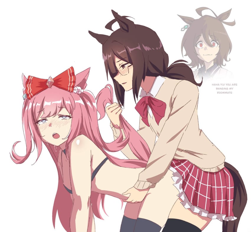 :d agnes_digital_(umamusume) agnes_tachyon_(umamusume) ahoge anal anal_penetration anal_sex brown_hair doggy_style futa_on_female futanari glasses hair_bow hair_grab horse_ears horse_tail implied_futa pink_hair pleasured_face pulling_tail self_insert sex tail the_freakin'_yui umamusume