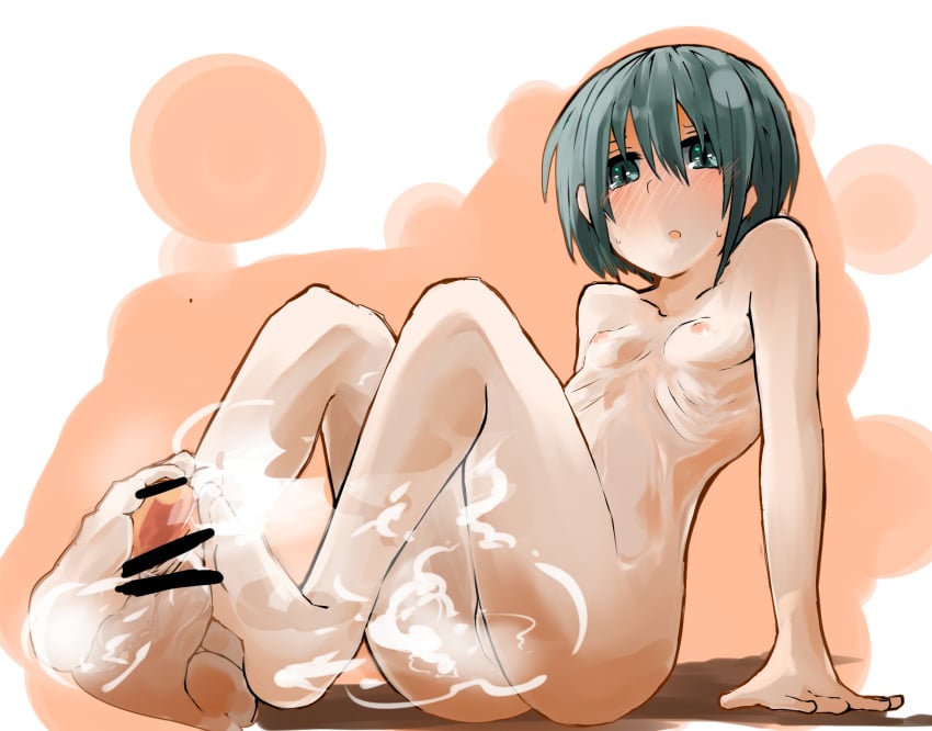 blush censored feet footjob green_eyes green_hair highres kino kino_no_tabi nipples nude open_mouth ribs short_hair sitting small_breasts steam sweat takasaki_aneki tomboy