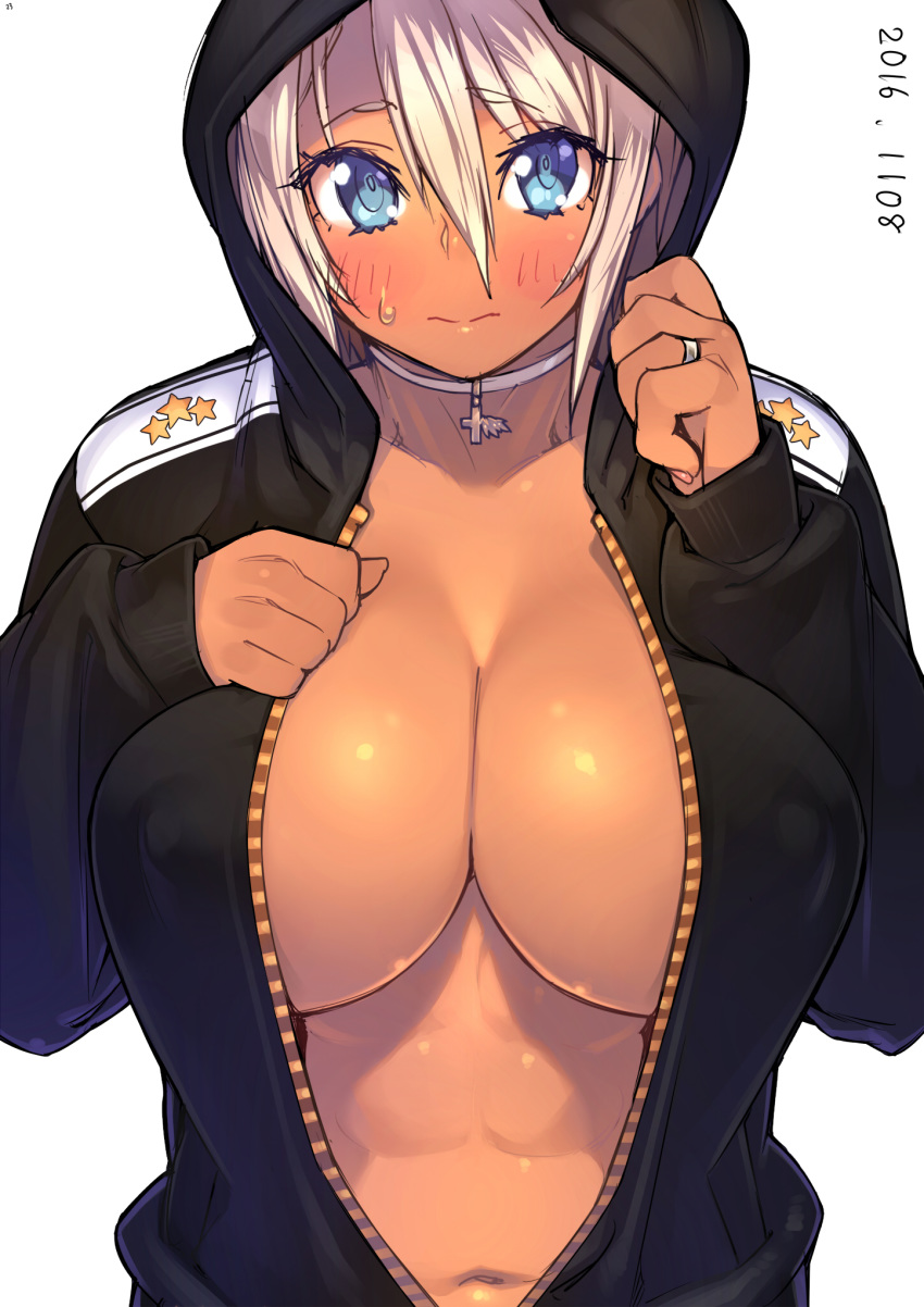 1girls abs blue_eyes blush breasts cleavage dark-skinned_female dark_skin female hoodie large_breasts looking_at_viewer muscular_female navel no_bra original sela_(sela_god) sela_god short_hair solo sweatdrop unzipped wedding_ring