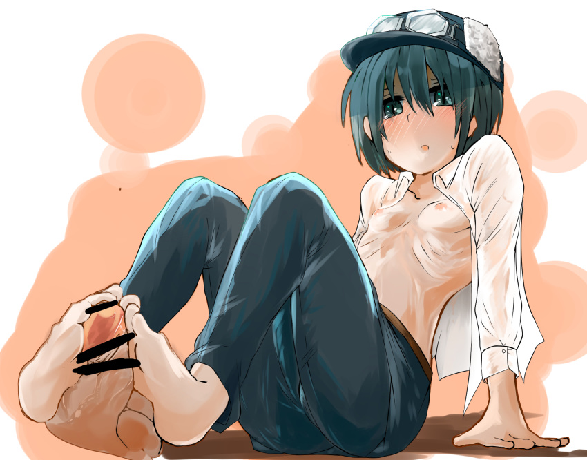 barefoot blush censored dress_shirt feet footjob goggles green_eyes green_hair hat highres kino kino_no_tabi nipples open_clothes open_mouth open_shirt pants ribs short_hair sitting small_breasts sweat takasaki_aneki tomboy