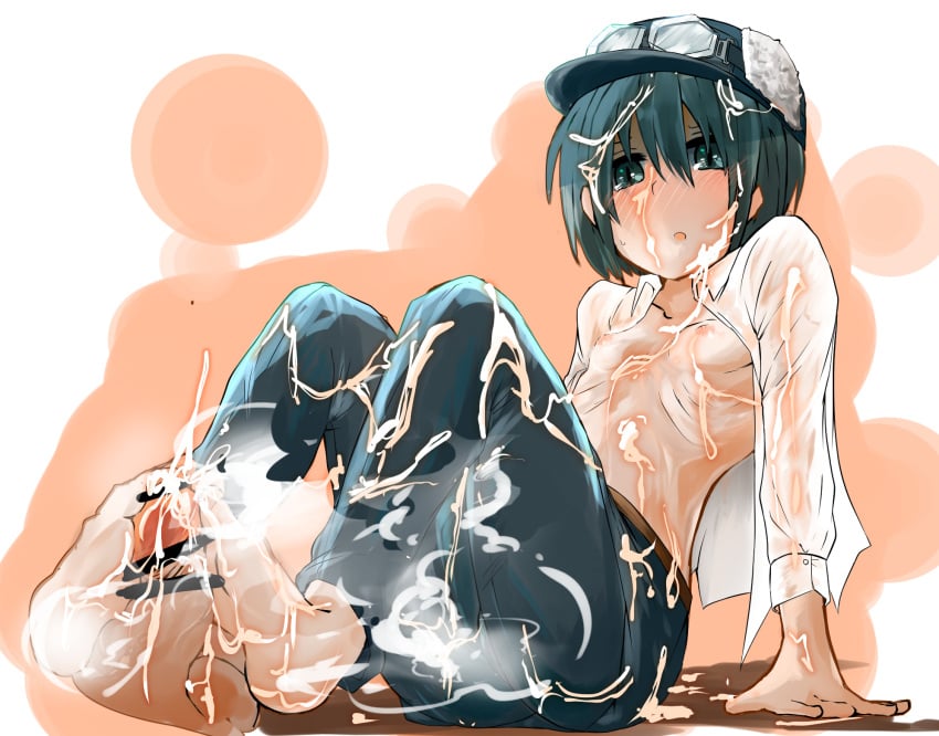 barefoot blush bukkake censored cum cum_on_lower_body cum_on_upper_body dress_shirt ejaculation feet footjob goggles green_eyes green_hair hat highres kino kino_no_tabi nipples open_clothes open_mouth open_shirt pants ribs short_hair sitting small_breasts steam sweat takasaki_aneki tomboy