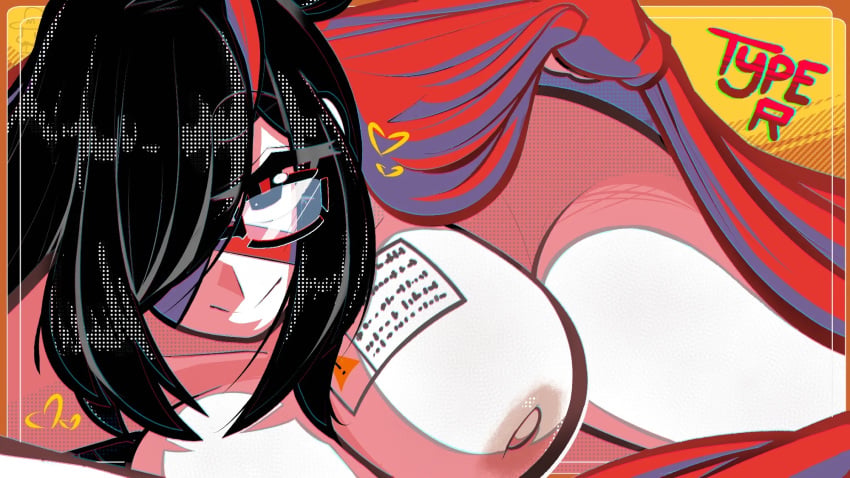 1girls 2026 black_hair boltycat borrowed_character breasts eyepatch female female_focus female_only girls glasses hair_over_one_eye lifting_blanket looking_at_viewer naked naked_female nipples nude nude_female original solo solo_female solo_focus thighs type-r_(birdblitz) warning_label