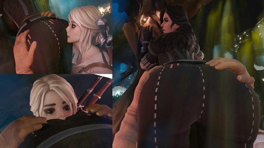 2girls 3d ass ass_grab big_ass black_gloves black_hair brown_gloves bubble_ass bubble_butt cd_projekt_red ciri ciri_(fortnite) clothing female fortnite freckles freckles_on_face gloves multiple_females multiple_girls scar sniffing sniffing_ass sword the_witcher_(series) the_witcher_3:_wild_hunt white_hair yennefer yuri zulysh