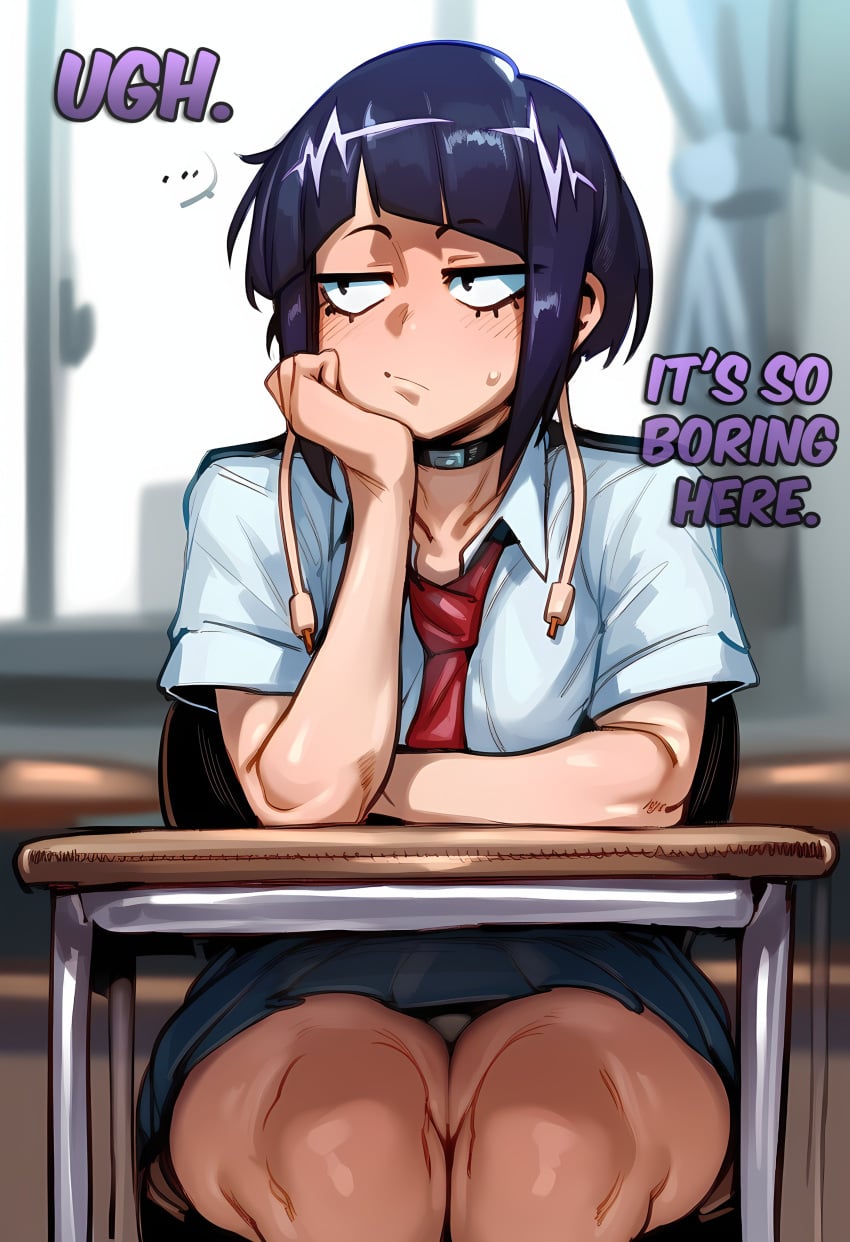 ... 1girl 2026 2d absurd_res absurd_resolution absurdres ai_generated audio_jack black_choker black_eyes black_hair blue_skirt blurry blurry_background blush boku_no_hero_academia bored chair choker classroom closed_mouth collared_shirt curtains desk english_text head_rest hi_res high_quality high_resolution highres ichislop image indoors jirou_kyouka long_earlobes looking_to_the_side my_hero_academia necktie panties pantyshot pleated_skirt purple_hair red_necktie school_chair school_desk school_uniform shirt short_hair short_sleeves sitting skirt solo sweatdrop thighs uncensured underwear white_panties white_shirt window