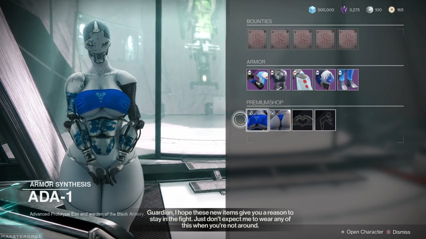3d ada-1 alternate_version_available barely_clothed big_breasts destiny_(game) destiny_(video_game) destiny_2 female female_focus female_only looking_at_viewer maxsterbrge robot robot_girl robot_joints robotic_arm shop shy text video_game_character video_game_franchise video_game_mechanics wide_hips wide_thighs