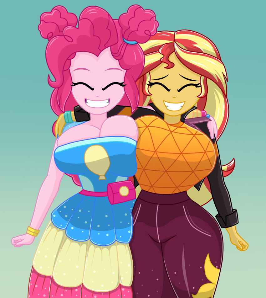 2girls big_breasts breast_press breasts cleavage cowboy_shot curly_hair dress equestria_girls eyes_closed female_only hasbro hourglass_figure huge_breasts mashoart multicolored_hair my_little_pony pink_hair pinkie_pie_(eg) pinkie_pie_(mlp) smile smiling sunset's_backstage_pass sunset_shimmer tagme tight_clothing voluptuous