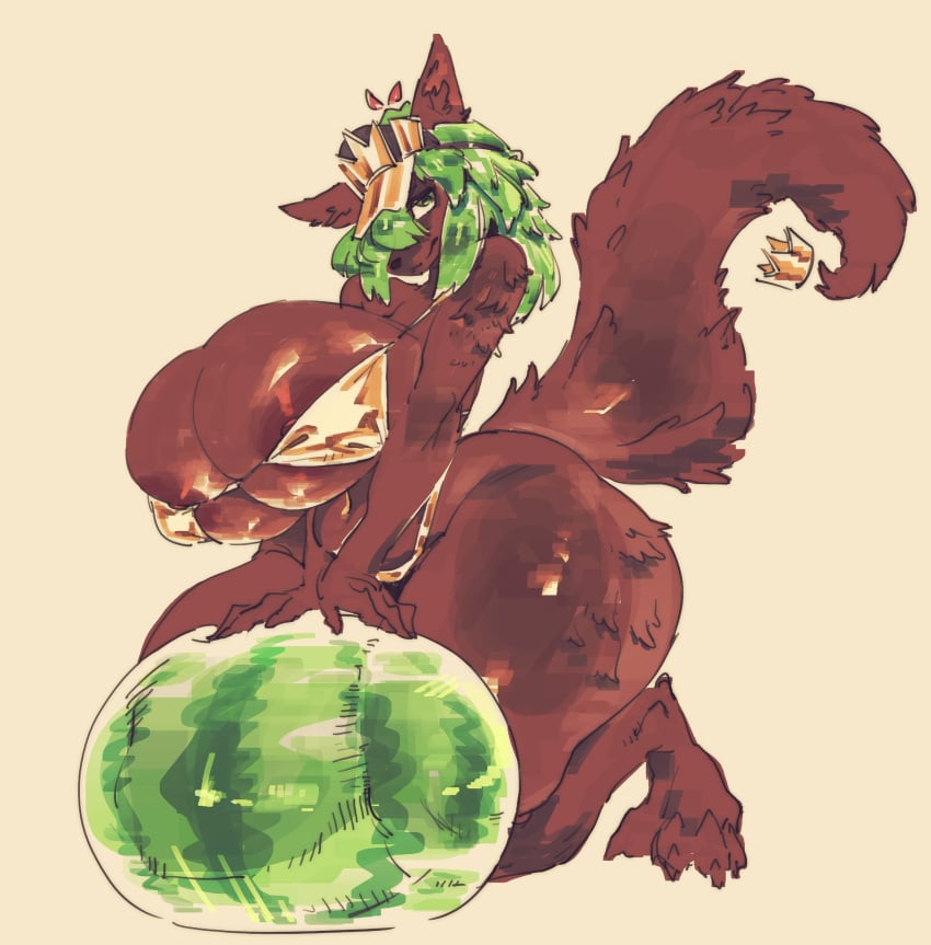 anthro bikini breasts canine crown female fur golden_bikini green_eyes green_hair hat honhearthy huge_breasts neomei_(celestialneumo) nipple_slip thick_thighs watermelon wide_hips