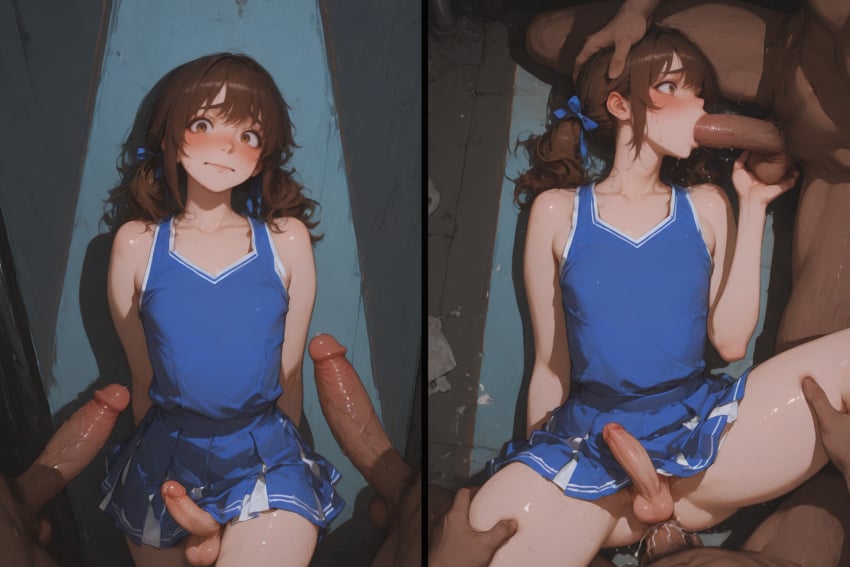 3boys ai_generated anal anal_penetration anal_sex balls_fondling before_and_after blowjob brown_eyes brown_hair cheerleader cheerleader_uniform cum_in_ass cum_inside dark-skinned_male ejaculation faceless_male fellatio femboy feminine_male flat_chest hannai leg_grab legs_apart lying lying_on_back male male_only multiple_penises multiple_views on_back on_floor on_ground oral oral_sex otoko_no_ko penis penis_size_difference precum size_difference skirt skirt_lift standing tank_top testicle_grab testicles thick_thighs trap twintails yaoi