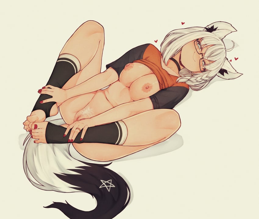 1girl absurdres ahoge animal_ears aqua_eyes black-framed_eyewear black_choker black_shirt black_socks black_tail blush bottomless braid breasts choker closed_mouth clothes_lift commentary earrings english_commentary female_pubic_hair fingernails fox_ears fox_girl fox_tail glasses heart highres hololive jewelry knees_apart_feet_together knees_up large_breasts long_hair looking_at_viewer lying nail_polish navel nipples on_back orange_shirt pubic_hair pussy raglan_sleeves red_nails ring semi-rimless_eyewear shirakami_fubuki shirt shirt_lift short_sleeves simple_background smile socks solo stirrup_legwear stomach sweat tail thighs toeless_legwear toenail_polish toenails toes two-tone_tail uncensored under-rim_eyewear varniskarnis virtual_youtuber white_background white_hair white_pubic_hair