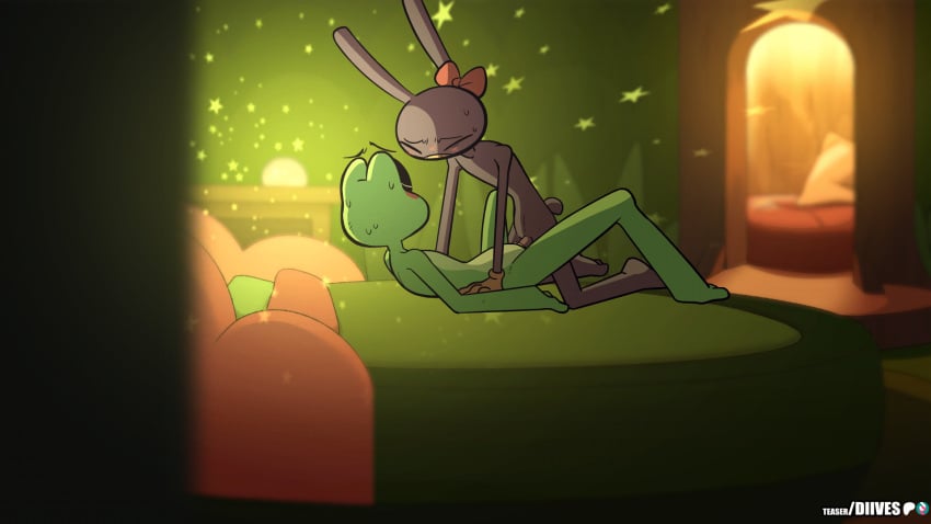 1boy 1girls amphibian animated anthro bed blush closed_eyes diives female frog furry glitch_productions jax_(the_amazing_digital_circus) lagomorph male male/female nude penis pillow pussy rabbit ribbit_(the_amazing_digital_circus) sex sweat teeth the_amazing_digital_circus vaginal_penetration vaginal_sex