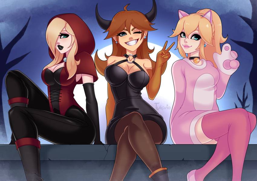 3girls blue_eyes cat_bell cat_ears cat_paws cat_suit choker cleavage collar corset cosplay costume crossed_legs demon_horns earrings elbow_gloves fully_clothed gloves goth green_eyes halloween horns lipstick mage mario_(series) nekomimi night nintendo pink_legwear pink_stockings pink_thighhighs princess_daisy princess_peach princess_rosalina sitting smile stockings thighhighs tulipsie v