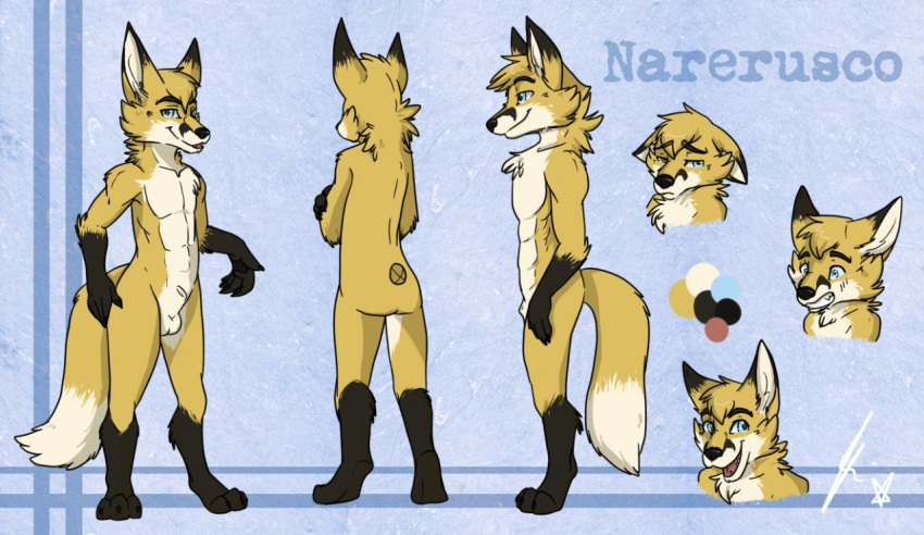 animal_genitalia anthro apes balls canine fox looking_at_viewer male mammal model_sheet nude sheath smile solo standing