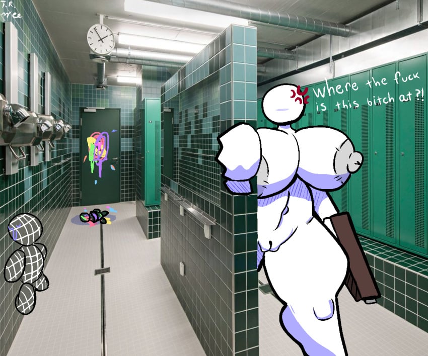 1girls angry areolae bald completely_nude completely_nude_female english_text female hiding holding_weapon legs massive_breasts meccha_chameleon naked naked_female nipples nude nude_female peter_griffin_pose realistic_background self_upload sweatdrop text therandombee thick_thighs thighs unaware white_skin