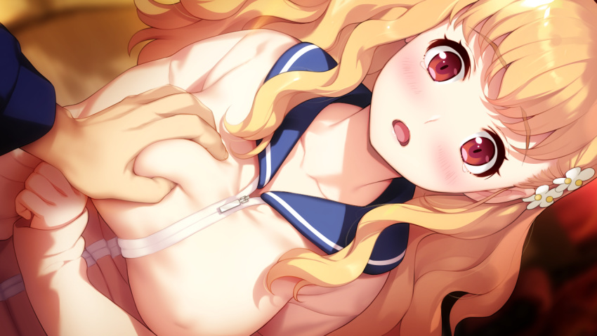 blonde_hair blush breast_grab breasts collarbone embarrassed eyebrows eyebrows_visible_through_hair female flower game_cg groping hair_flower hair_ornament hamashima_shigeo highres large_breasts long_hair long_sleeves looking_at_viewer momozono_moka parted_lips pov red_eyes school_uniform shinsou_noise solo_focus standing surprised tears upper_body zipper