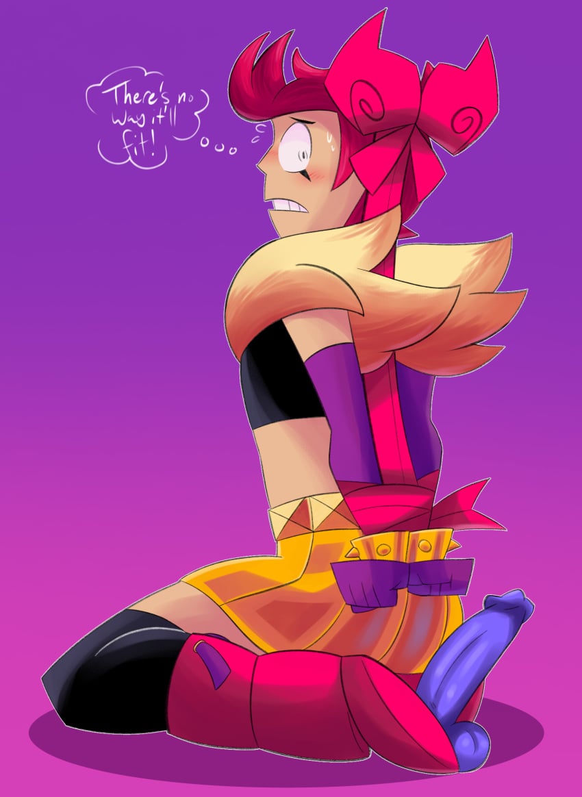 1boy alternate_clothing back_view big_dildo boots bow bracelets brawl_stars chester_(brawl_stars) concerned dialogue dildo dracoaftrdark_(artist) gold_clothing gold_jewelry hands_behind_back hands_tied hands_tied_behind_back kneeling pink_hair ribbon simple_background skirt stockings submissive_male tied_up