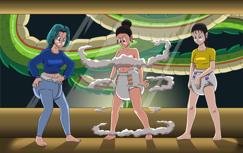 3girls bulge bulma_briefs censored chichi diaper dragon_ball dragon_ball_gt dragon_ball_z future_bulma mother-in-law_and_daughter-in-law nude shenron steam_censor topless videl what