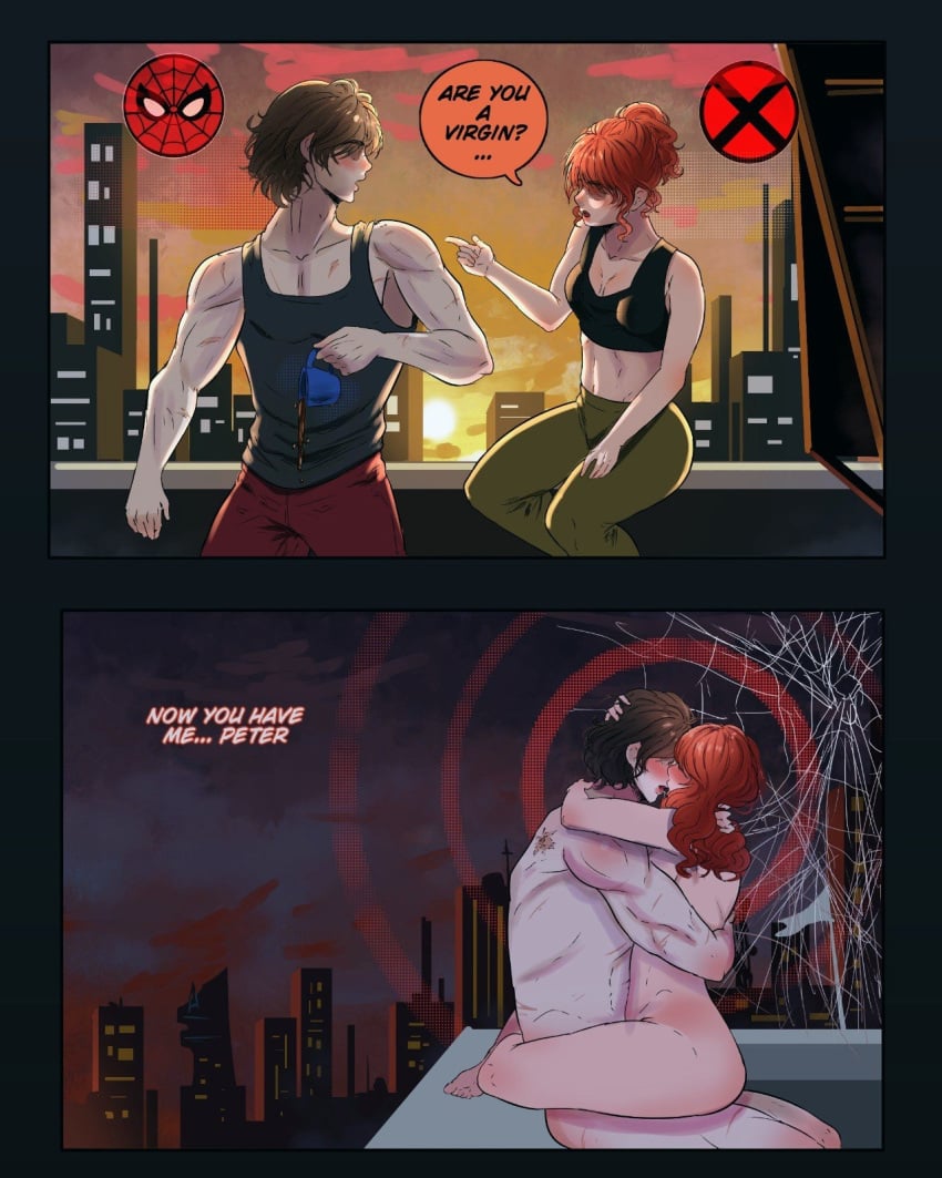 1boy 1girls artist_request background blush breasts clothed clothed_female clothed_male clothing color completely_nude dialogue duo english_text female female_focus ginger ginger_female ginger_hair hair hetero human human_on_human human_only indoors jean_grey kissing kissing_while_penetrated light-skinned_female light-skinned_male light_skin long_hair looking_at_partner male male/female marvel marvel_cinematic_universe medium_breasts muscular muscular_male mutant_(marvel) naked naked_female naked_male nude nude_female nude_male open_eyes open_mouth penetration peter_parker sadie_sink sex side_view source spider-man spider-man:_brand_new_day spider-man_(series) spider-man_(tom_holland) spider_web standing straight straight_sex tank_top text tom_holland twitter_link x-men