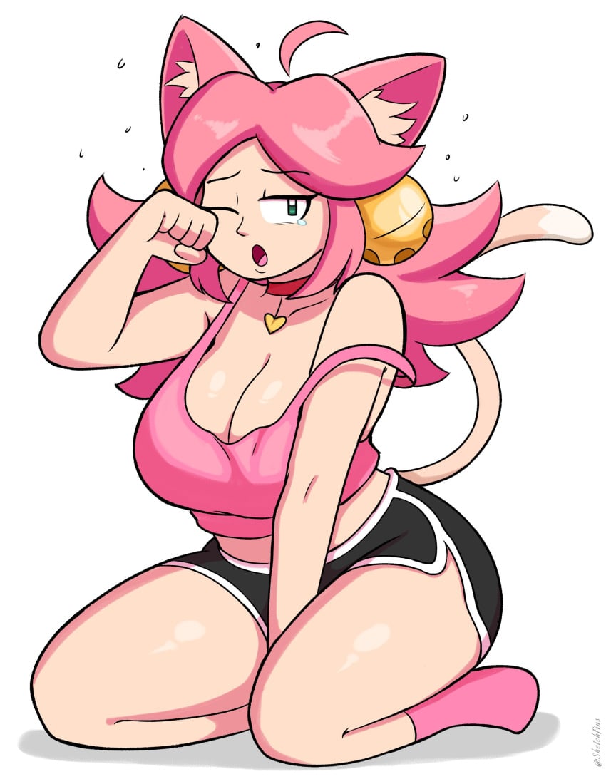 1girls artist_name bell big_breasts cat_ears cat_tail catgirl collar deltarune deltarune_chapter_5 heart_collar long_hair looking_at_viewer mad_mew_mew messy_hair pink_hair rubbing_eye shaded shadow shorts simple_background sketchfins socks solo tanktop teary_eyes thick_thighs undertale waking_up