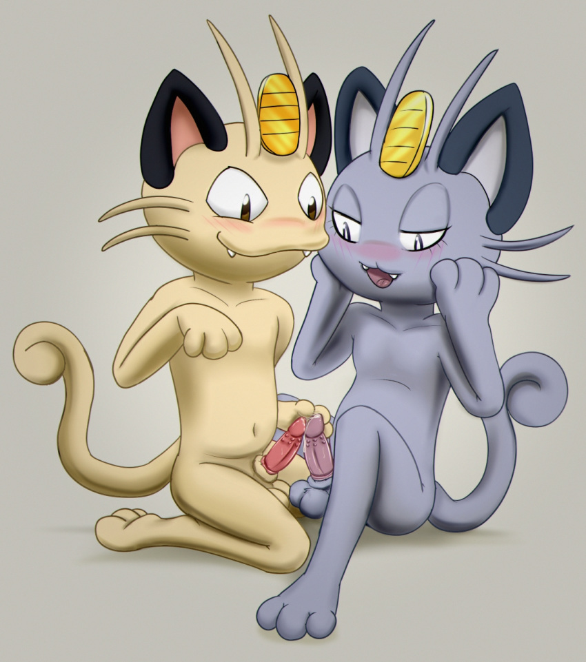 2boys alolan_form alolan_meowth animal_genitalia animal_humanoid animal_penis anthro barbed_penis barefoot belly blush brown_eyes cat_humanoid coin erection eyelashes feet feline feline_penis frottage fur furry gay girly grey_background grey_eyes grey_fur half-closed_eyes handjob hands_on_face humanoid johawk kneeling looking_down male male_only mammal meowth navel nintendo no_nipples nude paws penis penises_touching pokemon pokemon_sm sharp_teeth sitting smile spread_legs spreading tail teeth testicles video_games whiskers white_fur