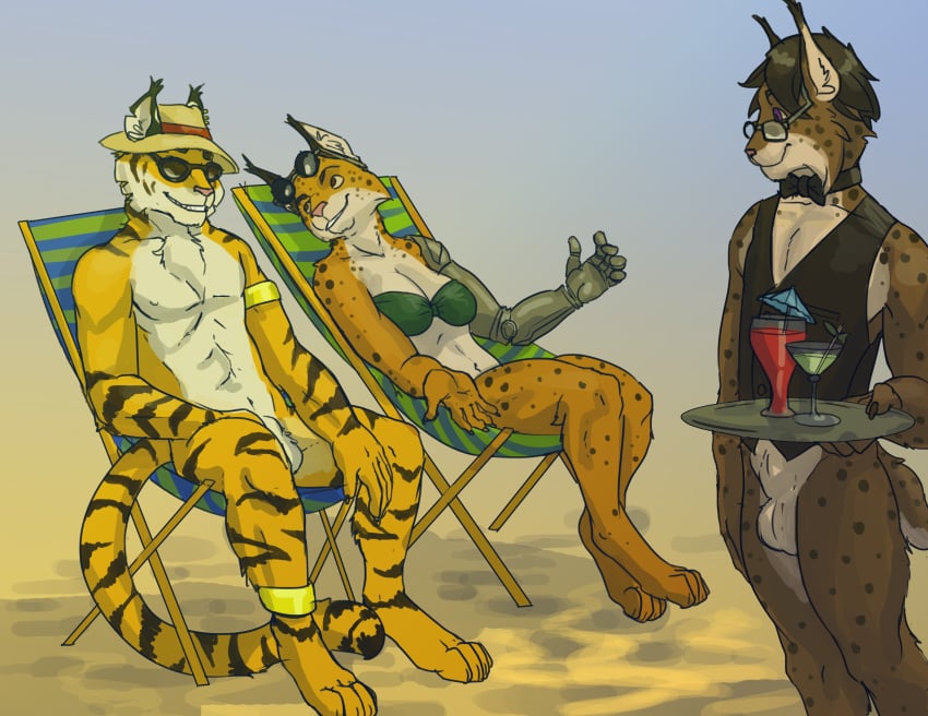 alcohol beach beverage bottomless bow_tie clothed clothing cocktail dialogue ear_piercing eyewear feline female glasses hat letigre lynx lysander male mammal nude outside piercing public seaside smile sunglasses thestory tiger tigerlynx vaskan_(character) vest waiter