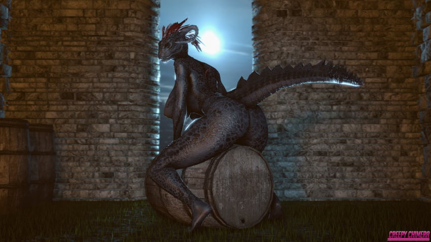 1girls 2016 3d absurdres areolae argonian ass barrel big_ass big_breasts breasts creepychimera feet female female_only highres horns large_breasts legs lizard nipples nude scales scalie sitting skyrim solo source_filmmaker tail the_elder_scrolls