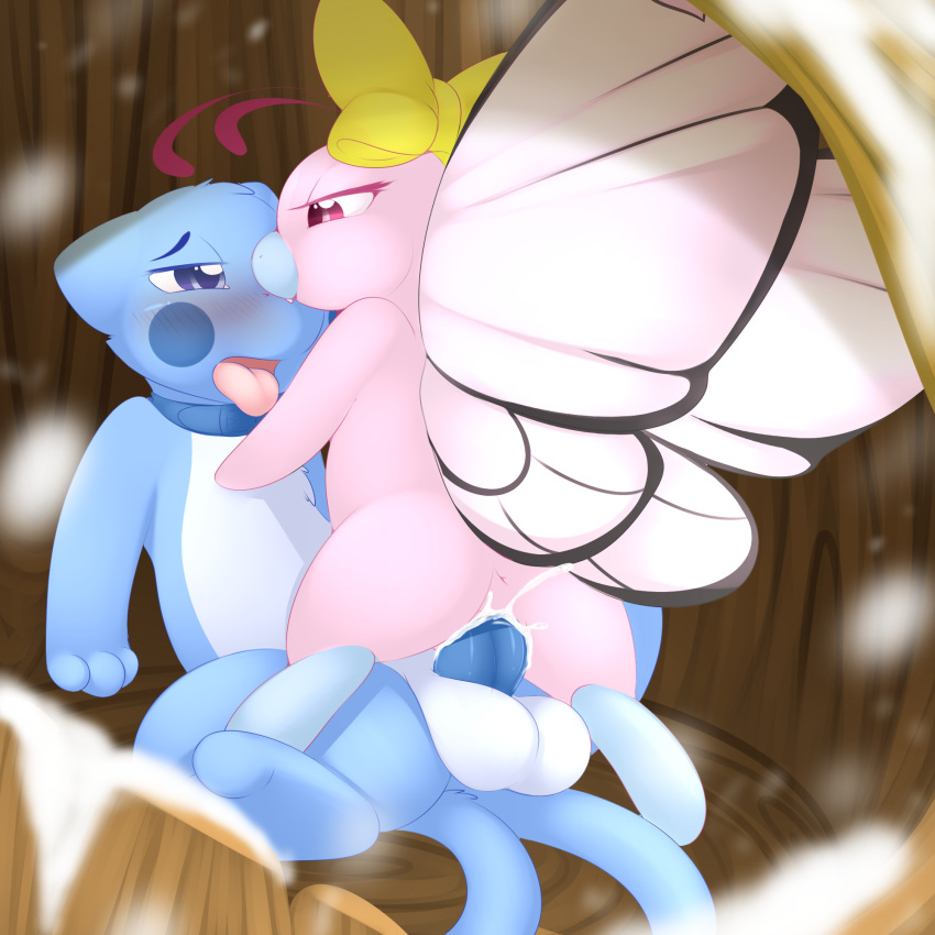 1boy 1girls alternate_color antennae anus blue_fur blue_penis blush bow butterfree cowgirl_position cum cum_in_pussy cum_inside dragonair dragonchu_(character) eye_contact eyelashes feet female fur furry fyoshi half-closed_eyes hybrid insect_wings interspecies male mew nintendo on_top original_character paws penetration penis pikachu pink_butterfree pink_fur pokémon_(species) pokemon pokemon_(species) pussy rear_view sex shiny_mew shiny_pokemon testicles tongue tongue_out vaginal_penetration video_games wings