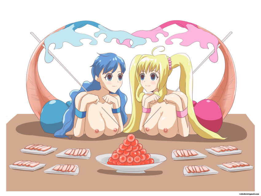 2girls areola bimbo blonde_hair breasts busty cleavage death egg empty_eyes female_death fish_eggs mermaid monster_girl multiple_girls nipples peril tail veiled616 voluptuous