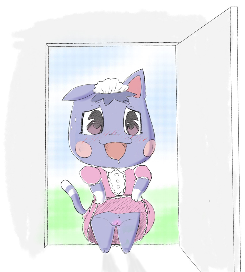 animal_crossing bottomless clothed clothing clothing_lift exhibitionism feazelbal feline maid_dress maid_headdress maid_uniform mammal nintendo presenting pussy rosie_(animal_crossing) skirt skirt_lift uniform video_games