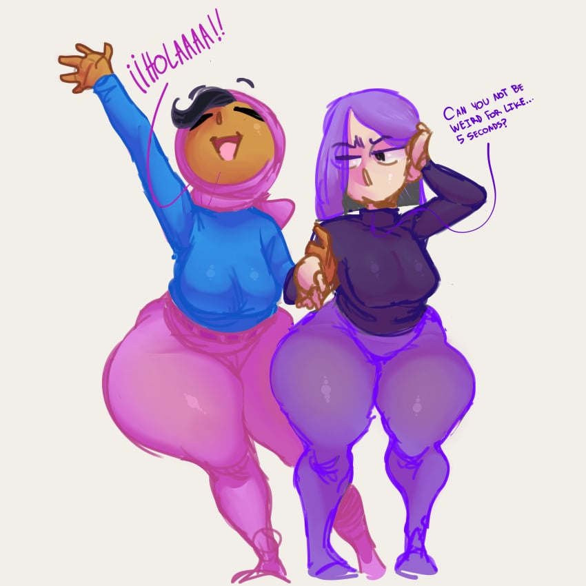 2girls bottom_heavy cute dark-skinned_female duolingo dustedburger fat_ass hijab hip_dips implied_yuri light-skinned_female lily_(duolingo) long_sleeve_shirt pants purple_hair small_breasts thick_thighs waving_at_viewer wide_hips zari_(duolingo)