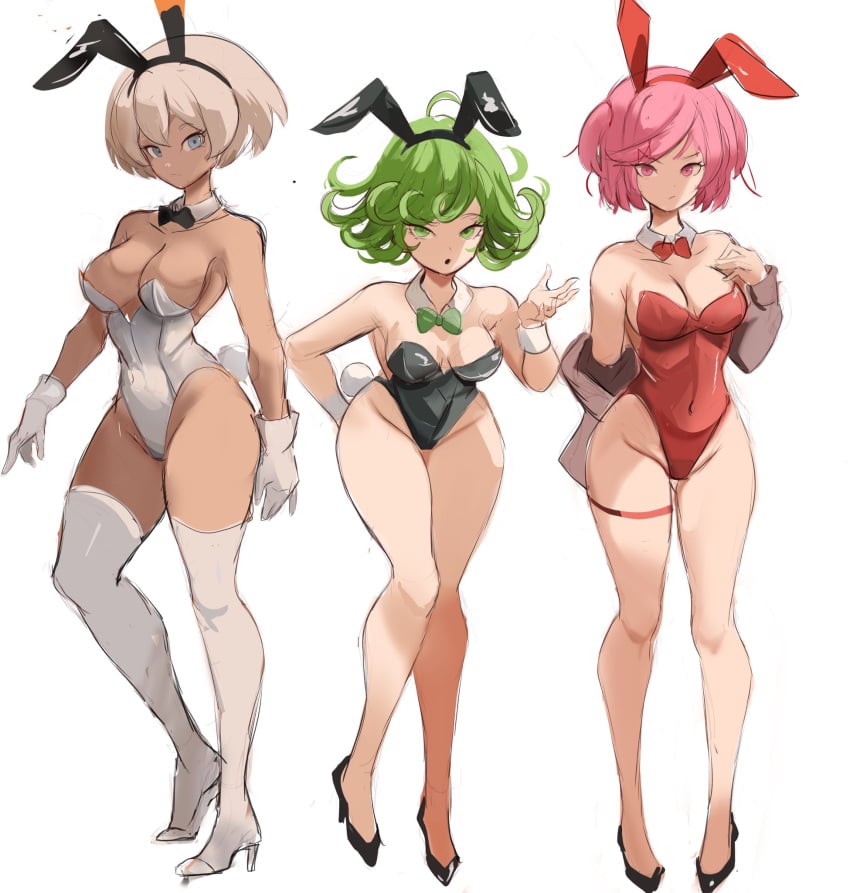 3girls adult_swim bea_(pokemon) beige_hair black_leotard blue_eyes bowtie breasts bunny_ears bunny_tail bunnysuit child_bearing_hips coral_pink_hair cream_hair crossover detached_collar doki_doki_literature_club eastern_and_western_character fake_animal_ears fake_tail female female_only front_view full_body gloves green_eyes green_hair grey_hair heels high_heels highleg highleg_leotard large_breasts leotard lineup looking_at_viewer matching_hair/eyes medium_breasts natsuki_(doki_doki_literature_club) nintendo one-punch_man pink_eyes pink_hair playboy_bunny pokemon pokemon_ss rakeemspoon red_leotard short_hair standing tatsumaki thigh_strap thighhighs toonami voluptuous voluptuous_female white_leotard wrist_cuffs x_hair_ornament