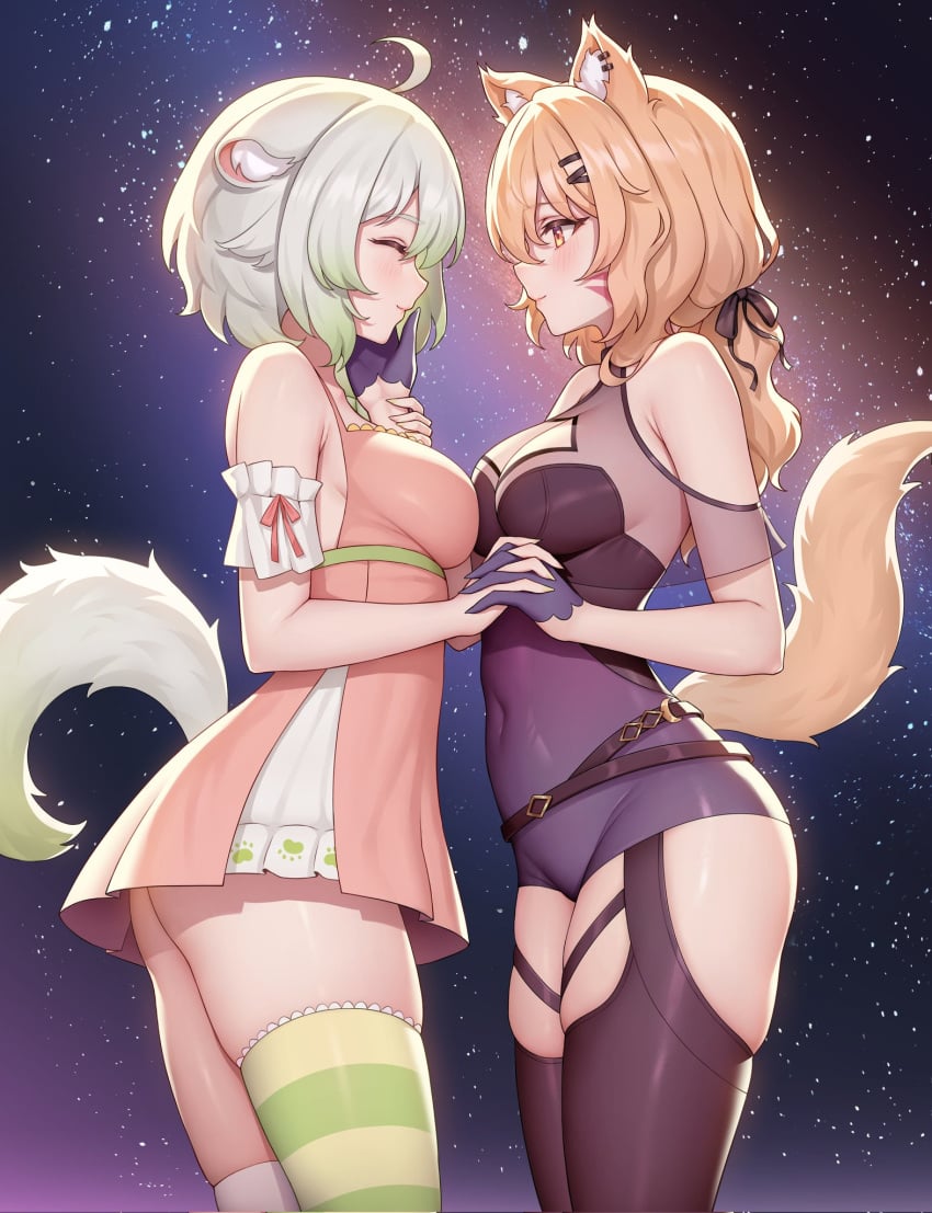 2girls animal_ears ass breasts cheeks clothing dress face_markings green_eyes green_hair kemonomimi laimu red_eyes secon short_hair skindentation squchan_(vtuber) stockings thighhighs virtual_youtuber vyugen