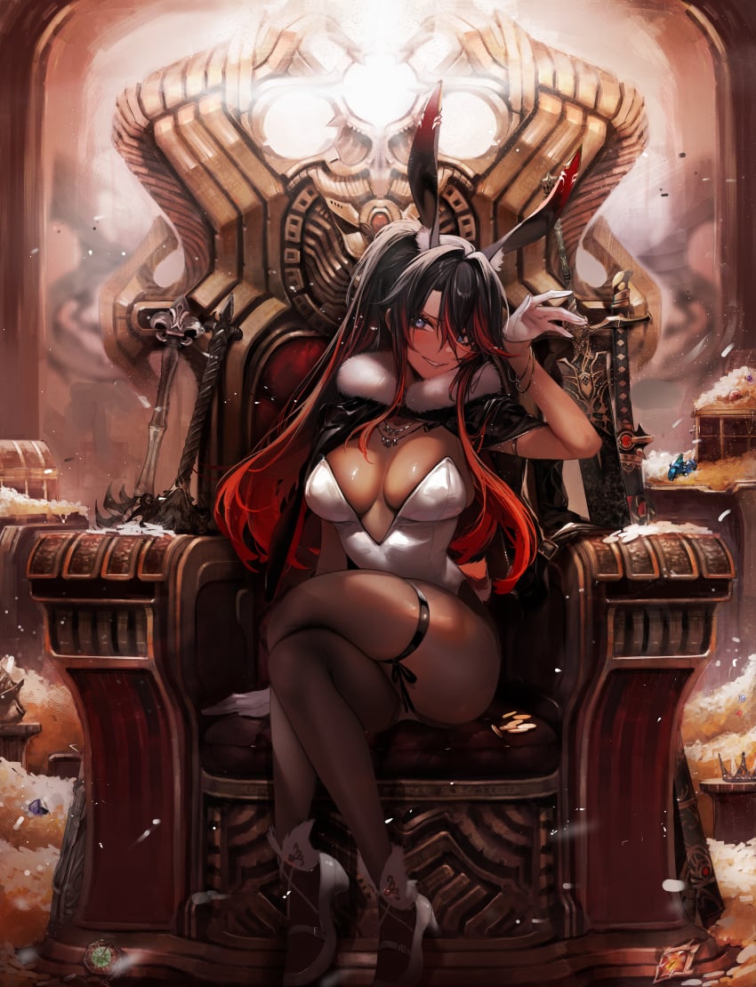 1girls big_breasts black_hair blue_eyes bunny_ears bunny_girl bunnygirl bunnysuit dokuro_deluxe female female_only fur gem gemstone gold_(metal) gold_jewelry half-scoop_gloves kirih kirih_(sword_scream) kirih_shiraishi latex red_hair royalty solo sword thigh_strap throne two_tone_hair white_latex