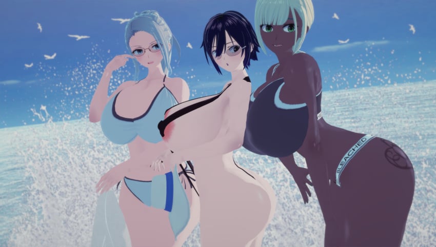 3girls akinama_family_(noir-black-shooter) big_breasts blonde_hair blue_eyes dark_blue_hair gilf green_eyes huge_breasts koikatsu milf naoki_akinama_(noir-black-shooter) noir-black-shooter oc one-piece_swimsuit original original_character purple_eyes raiko_kashiwasaki_(noir-black-shooter) satori_douji_(noir-black-shooter) short_hair silver_hair swimsuit