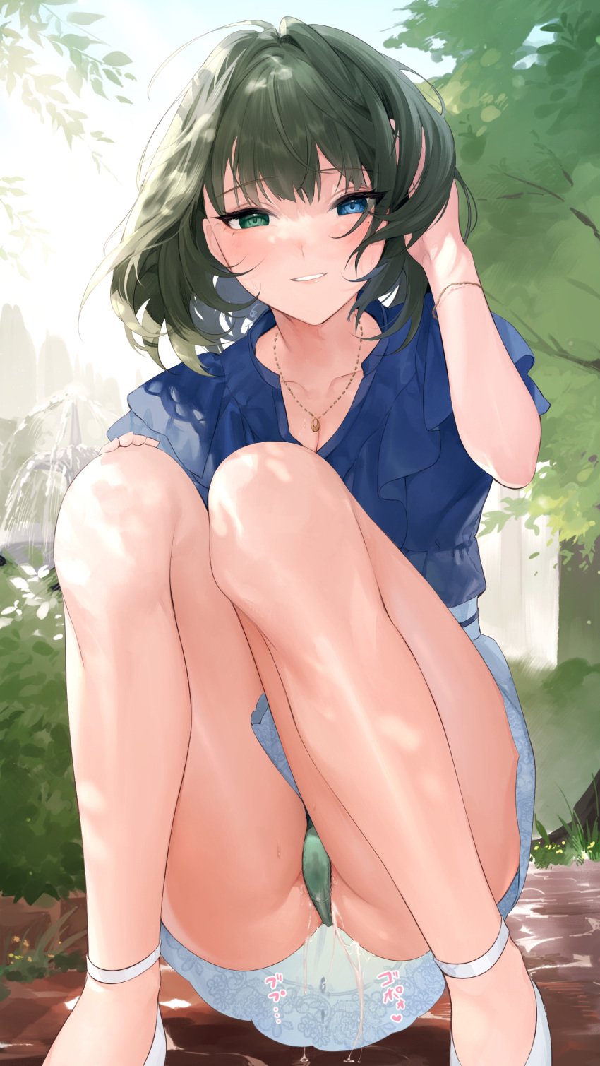 bare_legs blue_shirt blush breasts cleavage collarbone cum_wearing cum_wearing_(panties) cumdrip_through_panties female fountain green_hair green_panties hand_in_own_hair heterochromia highres idolmaster idolmaster_cinderella_girls koyo_akio looking_at_viewer mole mole_under_eye outdoors panties pantyshot pussy_juice_stain shirt smile solo squatting sweat takagaki_kaede underwear