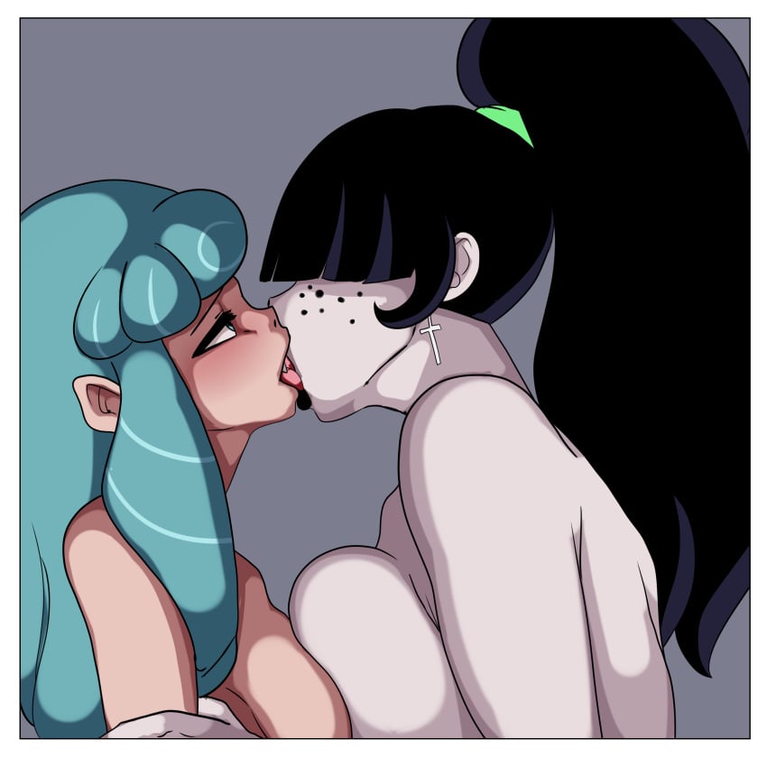 2girls black_hair black_lipstick blue_hair earrings elise_culpepper female goth_girl grimaline_smith human hunter_the_parenting inuyuru kissing large_breasts multiple_girls pale_skin vampire_the_masquerade world_of_darkness