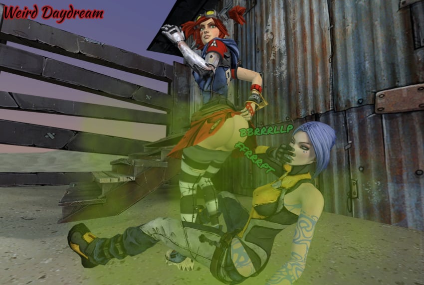 big_ass borderlands borderlands_2 bubble_butt covering_mouth fart fart_cloud fart_fetish farting_in_face female female/female gaige_(borderlands) maya_(borderlands) stinky_fart weirddaydream