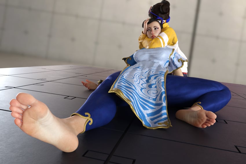 2girls 3d barefoot choke_hold choking chun-li defeated detailed_feet eyes_rolling_back feet female female_only foot_fetish foot_focus full_color fully_clothed headlock human li-fen losing_consciousness milf multiple_girls no_penetration ryona ryonafan45 soles street_fighter street_fighter_6 tagme thick_thighs thighs younger_dom_older_sub